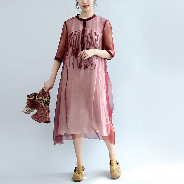 Burgundy Stylish Embroidery Silk Cotton Dresses Loose Casual Sundress Short Sleeve Maxi Dress Side Open - Omychic