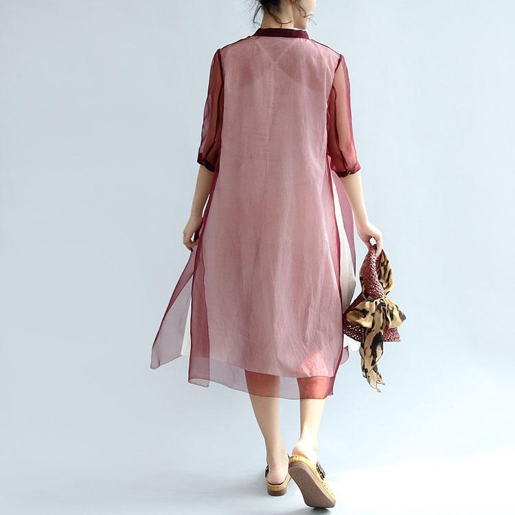Burgundy Stylish Embroidery Silk Cotton Dresses Loose Casual Sundress Short Sleeve Maxi Dress Side Open - Omychic