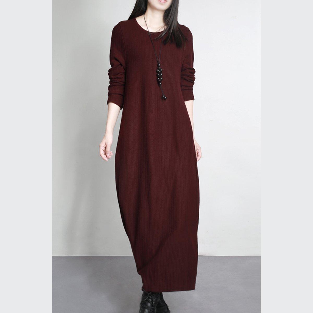 burgundy stylish  slim  sweater dresses elegant loose o neck maxi knit dress warm fall outfits - Omychic