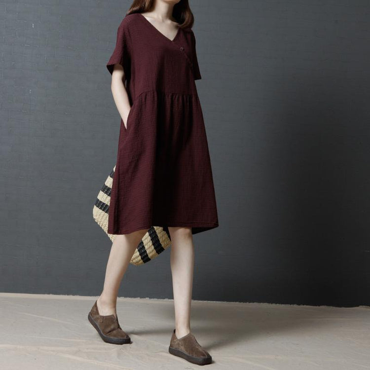 burgundy summer casual linen dresses plus size sundress v neck stylish mid dress - Omychic