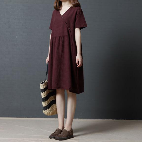 burgundy summer casual linen dresses plus size sundress v neck stylish mid dress - Omychic