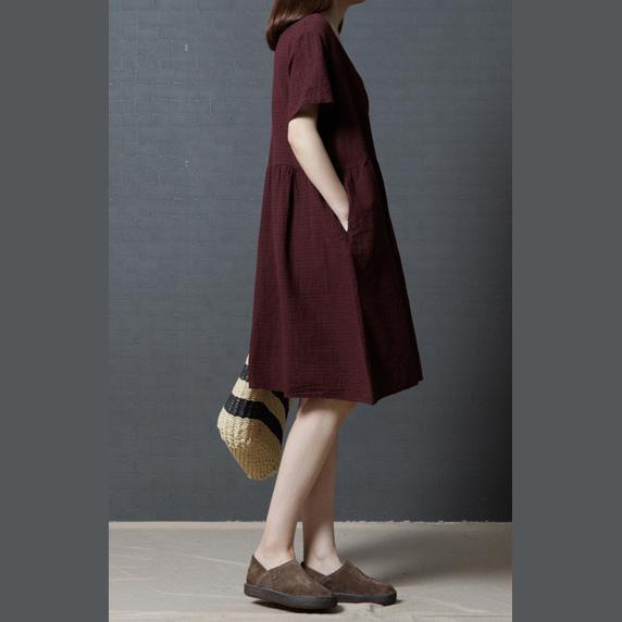 burgundy summer casual linen dresses plus size sundress v neck stylish mid dress - Omychic