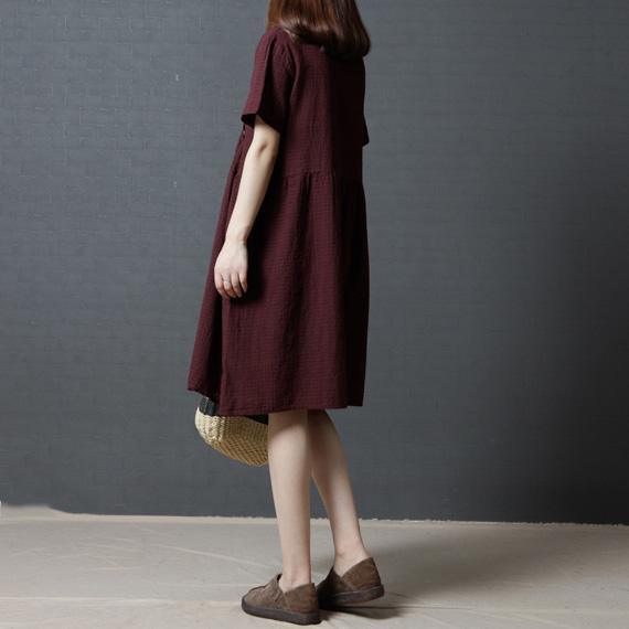 burgundy summer casual linen dresses plus size sundress v neck stylish mid dress - Omychic