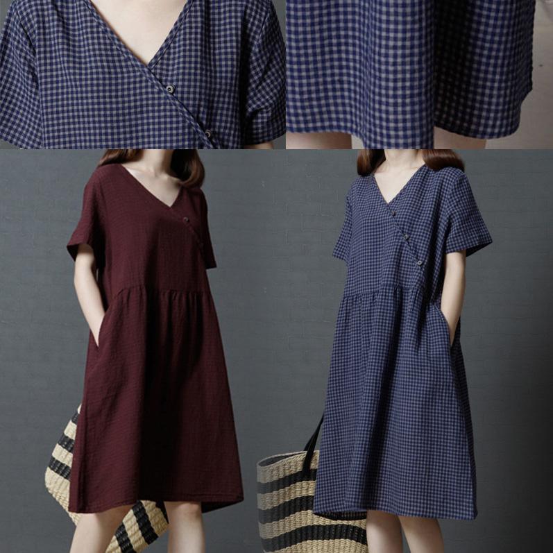 burgundy summer casual linen dresses plus size sundress v neck stylish mid dress - Omychic