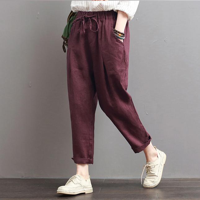 burgundy summer cotton pant plus size drawstring crop pants - Omychic