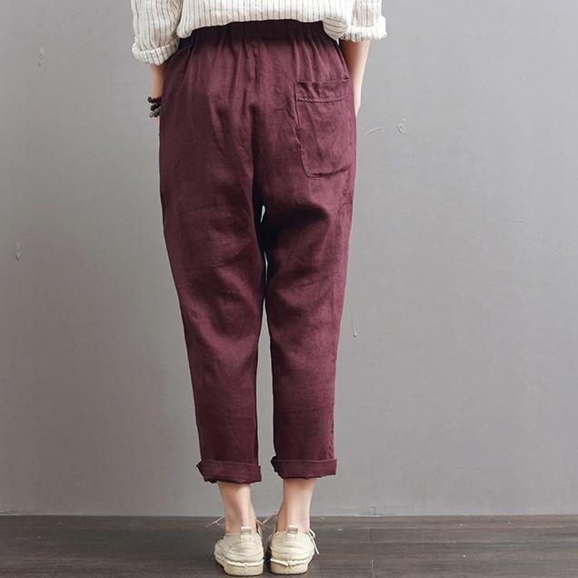 burgundy summer cotton pant plus size drawstring crop pants - Omychic