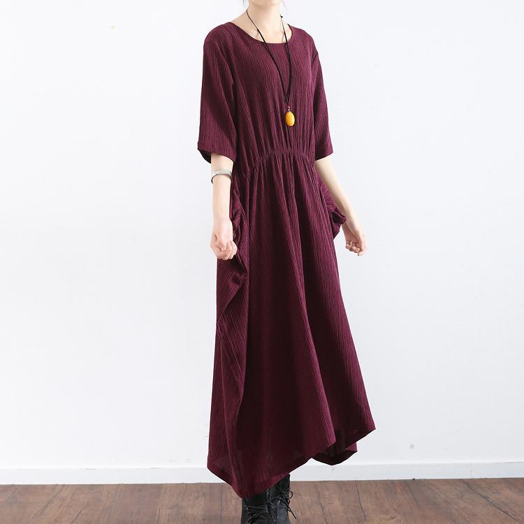 burgundy vintage silk dresses plus size casual half sleeve dress 2017 trend fall elastic waist maxi dress - Omychic