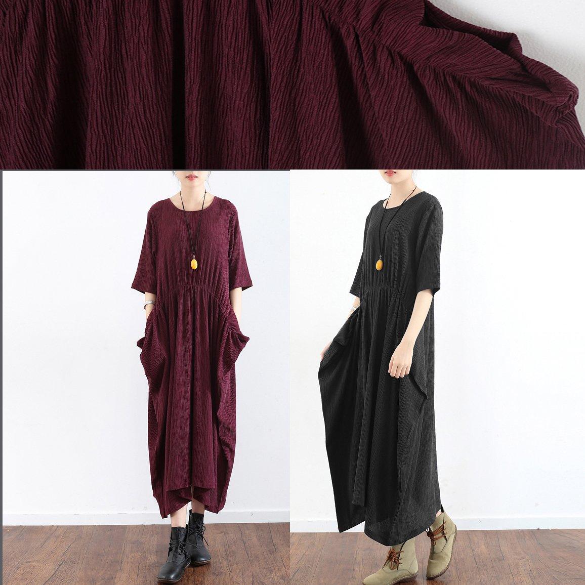 burgundy vintage silk dresses plus size casual half sleeve dress 2017 trend fall elastic waist maxi dress - Omychic