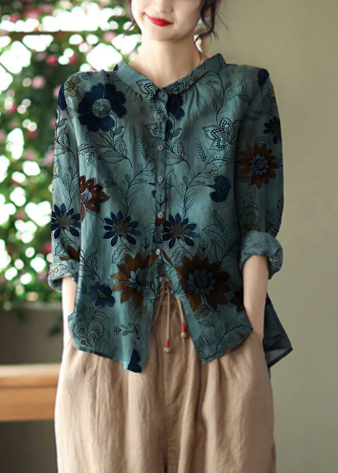 Retro Peacock purple Peter Pan Collar Print Button Wrinkled Shirts Long Sleeve