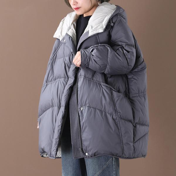 Whiter Thick Warm Duck Down Jacket Female Black Gray Hooded Loose Korea Style Girls Oversize Down Coat - Omychic