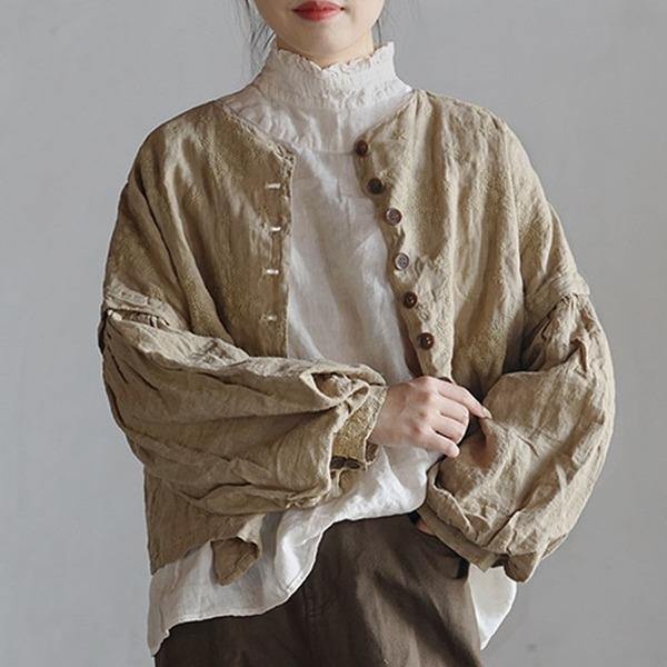 Cotton Linen Retro Embroidery O-neck Lantern Sleeve Coat 2020 Jacket - Omychic