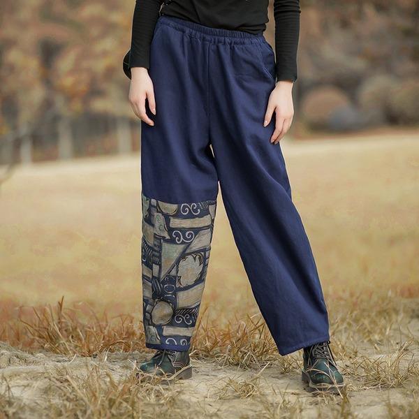 Omychic Vintage Warm Thick Straight Elastic Waist 2020 Winter Blue Pants - Omychic