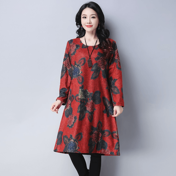 long sleeve woolen plus size vintage floral women casual loose midi autumn winter dress - Omychic