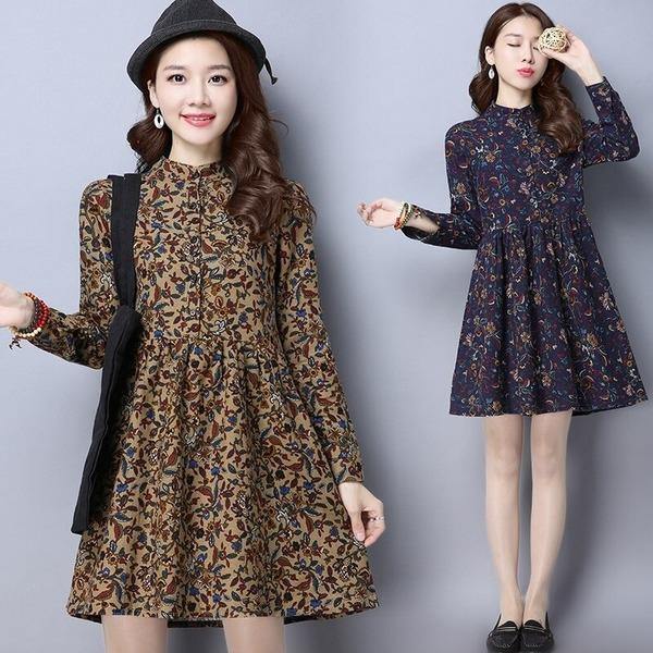 omychic cotton linen vintage floral women casual loose mini autumn spring dress - Omychic