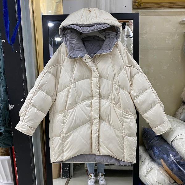 Whiter Thick Warm Duck Down Jacket Female Black Gray Hooded Loose Korea Style Girls Oversize Down Coat - Omychic