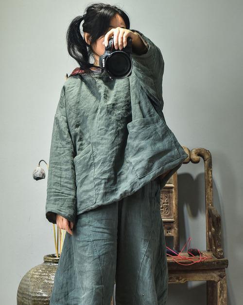 Women Linen Patchwork Hooded Coat Parkas Ladies Vintage Flax Tops Female 2020 Outerwear 2020 Autumn Winter - Omychic