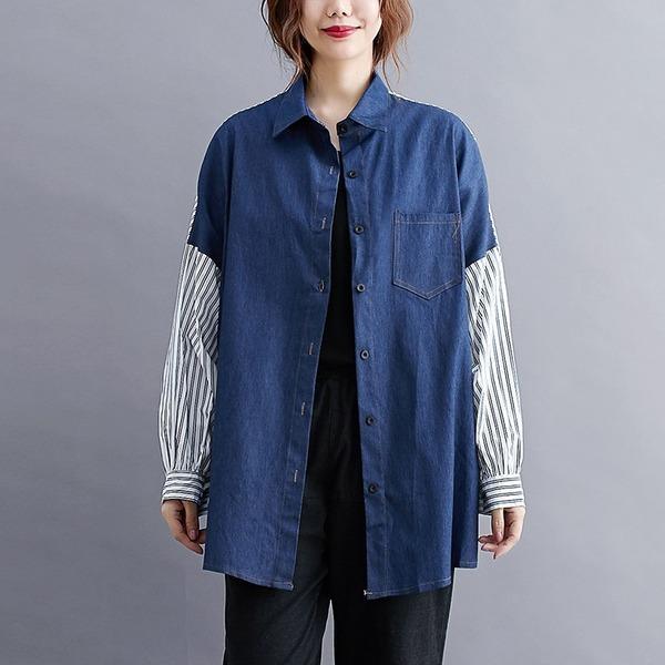 omychic plus size denim cotton vintage stripe korean style Casual loose autumn shirt women blouse 2020 clothes ladies tops - Omychic