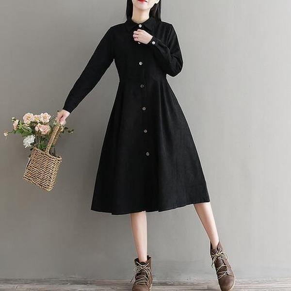 Mori Girl Autumn Winter Women Black Dress  Full Sleeve Elegant A-Line Dress - Omychic