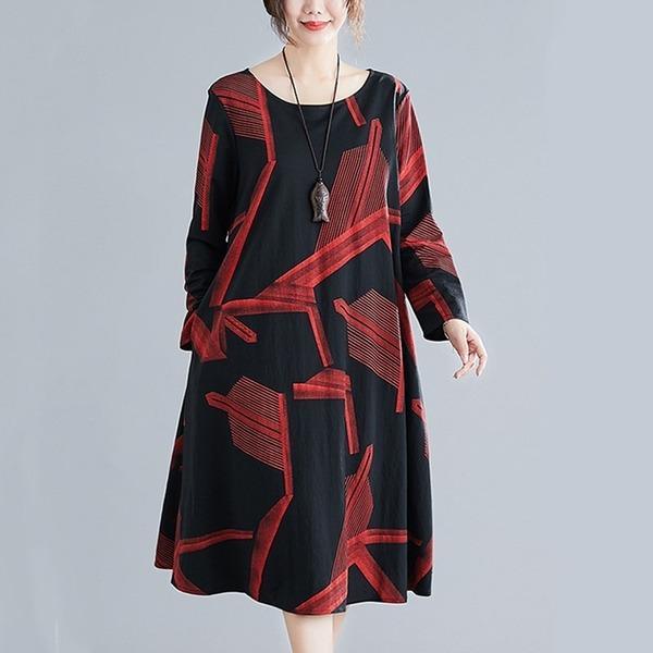 long sleeve cotton plus size vintage women casual loose spring autumn dress - Omychic
