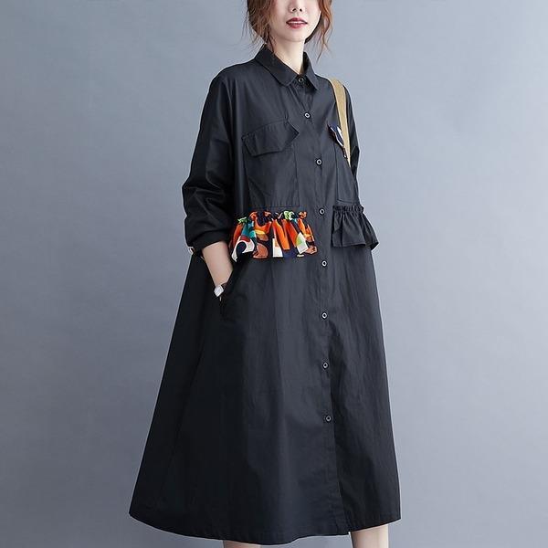 omychic plus size black cotton vintage for women casual loose midi autumn shirt dress - Omychic