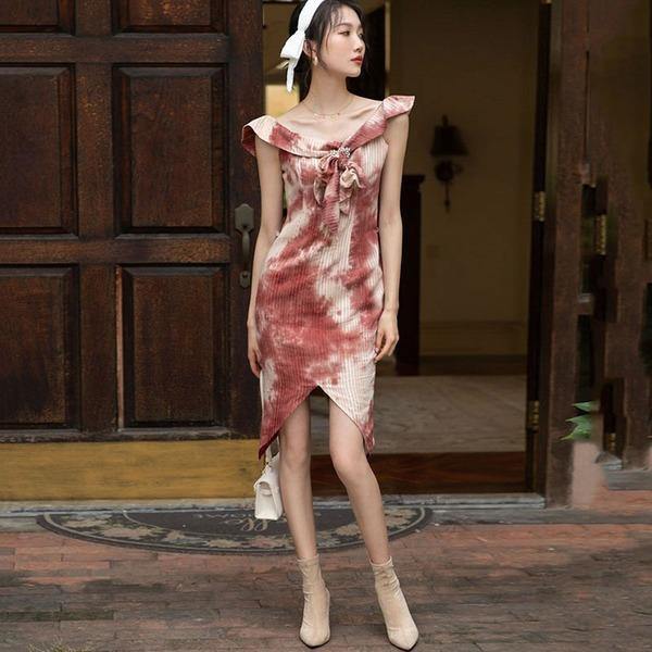 Color Printing and Dyeing Dress Fashion Slash Neck Bow Women Autumn and Winter The New Temperament Base Dress - Omychic