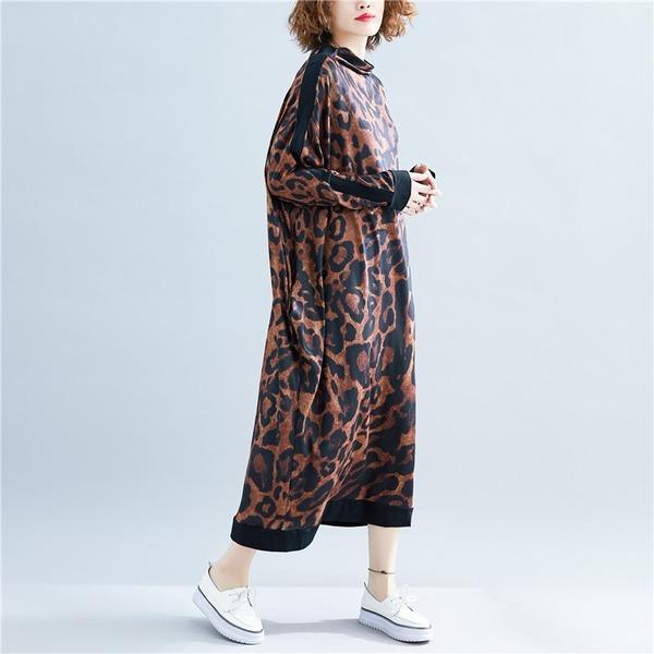 Long Sleeve Leopard Cotton Vintage Plus Size Women Casual Loose Long Spring Autumn Dress ( Limited Stock) - Omychic