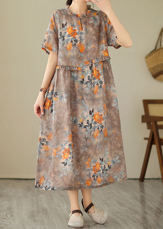 Women Khaki Ruffled Print Patchwork Cotton Dress