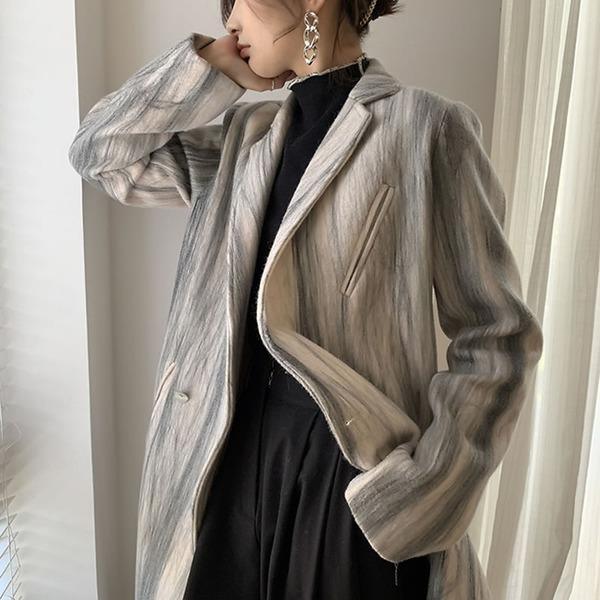 New Smoke Gray Lines Print Blend Loose Casual Women Coat Winter Fashion V Neck Collar Simplicity Single Button - Omychic