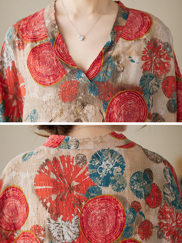 Floral Printed V-Neck Maxi Dress Short Sleeve