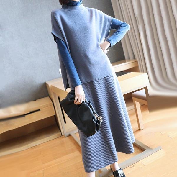 New Style Side Split Turtleneck Collar Sleeveless Pullover Loose Solid Color Slim - Omychic