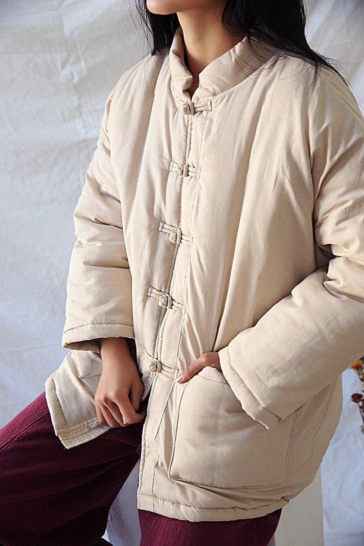 Women Chinese Style Parkas Solid Color Linen Coats Vintage Button Pockets - Omychic