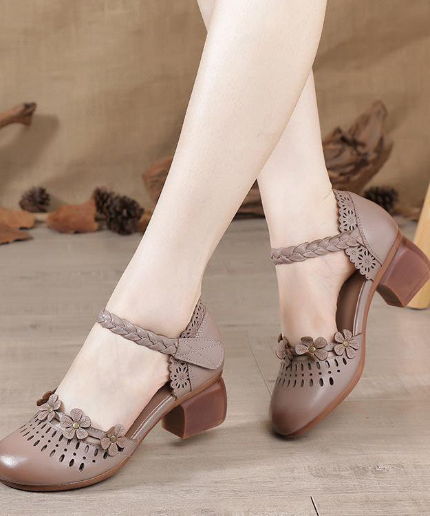 Vintage Apricot Cowhide Leather Sandals Hollow Out Buckle Strap