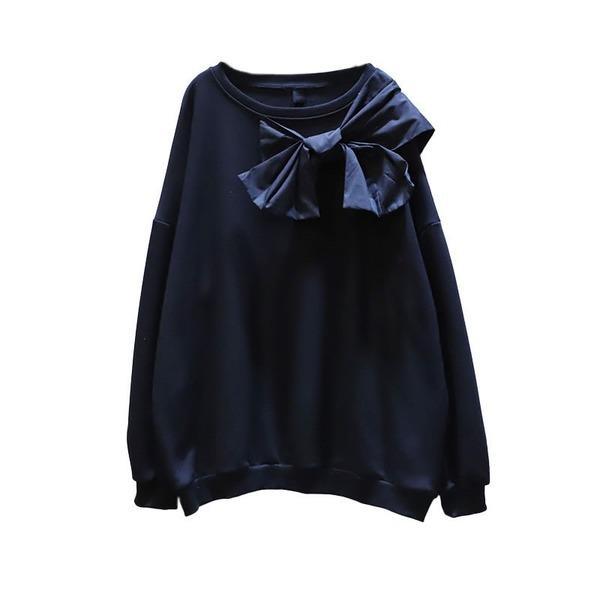 Patchwork Bow Solid Sweatshirt Women  Temperament All Match O Neck Women Clothes - Omychic
