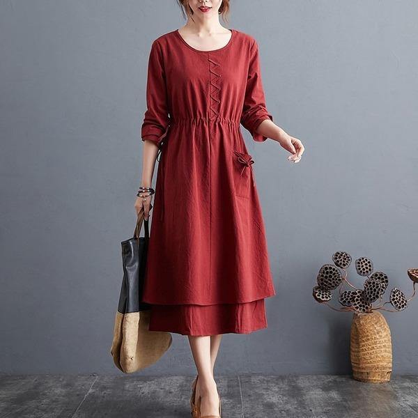 Autumn Arts Style Vintage Solid Color Loose Ladies Elegant A-line Casual Dresses - Omychic