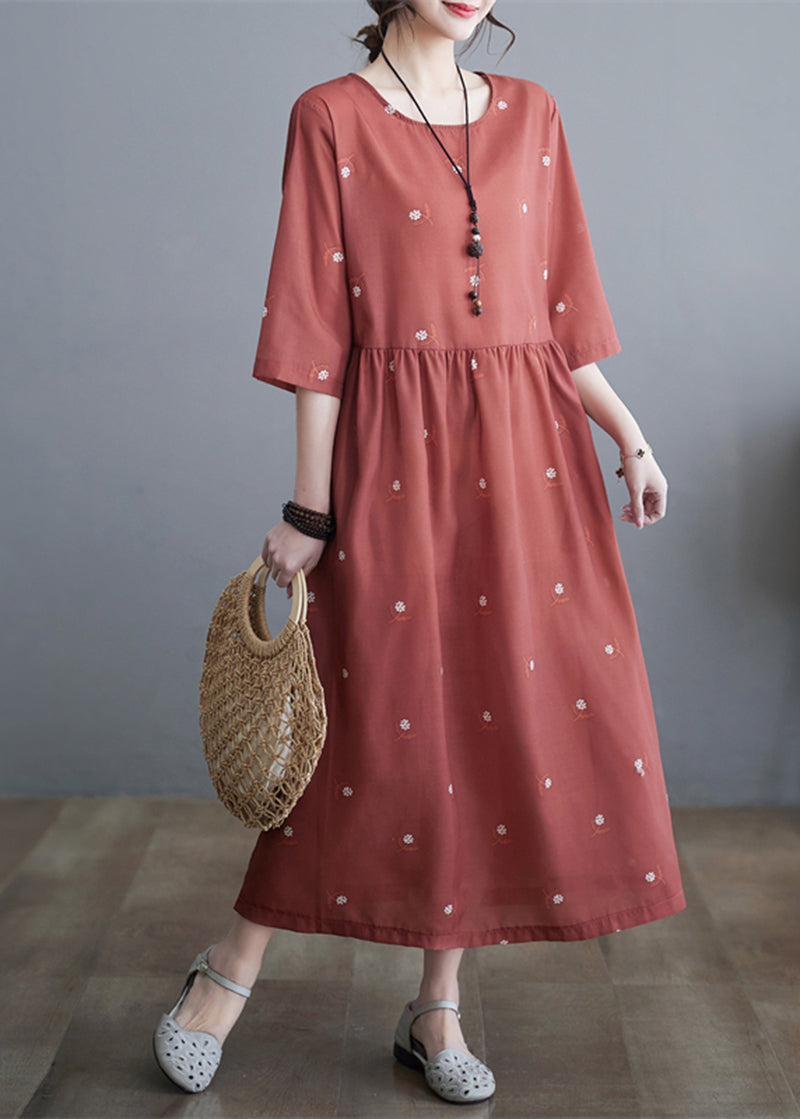 Women Brick Red Cinched Print Linen Dress Half Sleeve
