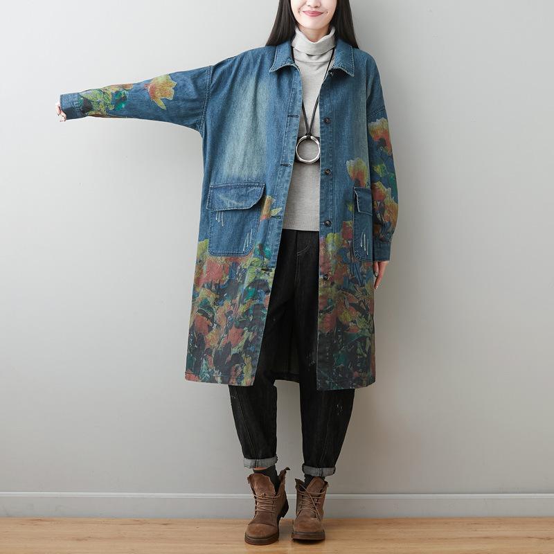 Turn-down Collar Floral Print Denim Coat 2020 New Long Sleeve Pockets Women Windbreaker - Omychic