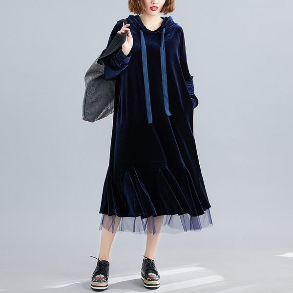 long sleeve plus size velvet vintage hoodie women casual loose autumn winter elegant dress women clothes - Omychic