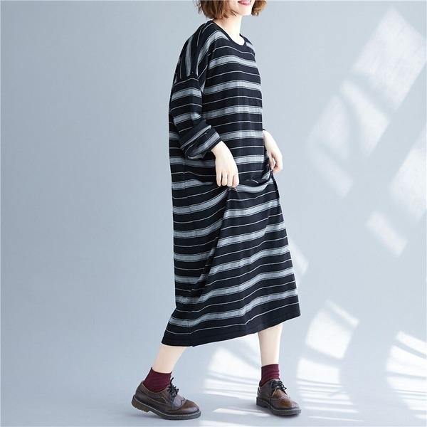 long sleeve knitted plus size vintage stripe women causal loose autumn winter Sweater dress - Omychic