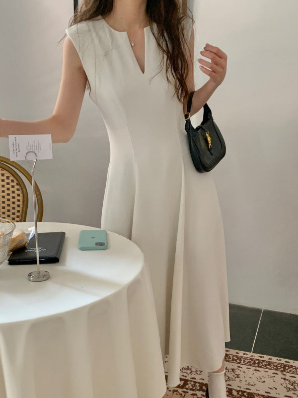 V-neck Solid Color A-line Midi Dress