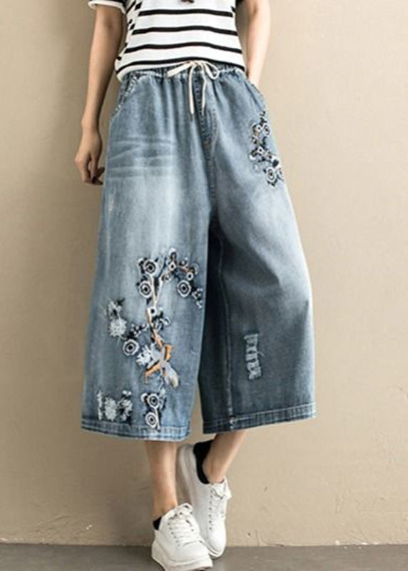 Women Denim Blue Embroideried Tie Waist Wide Leg Pants Summer