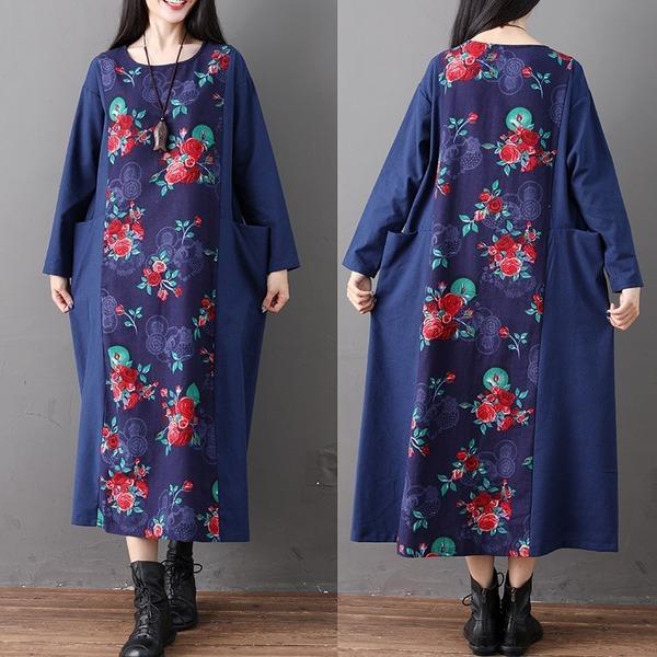 long sleeve cotton linen plus size vintage floral women casual loose spring autumn dress - Omychic