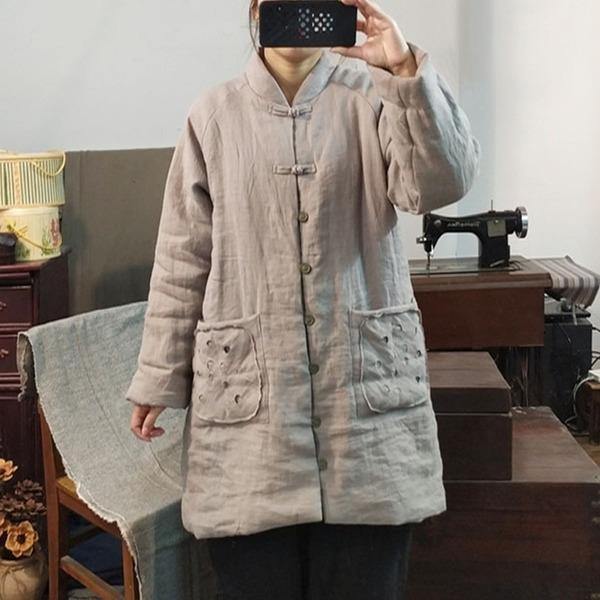 Women Vintage Linen Parkas Stand Long Sleeve Winter Coats - Omychic