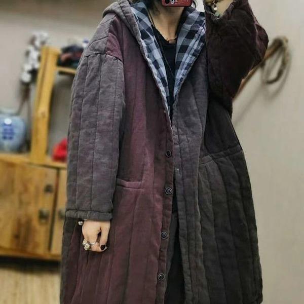 Retro Patchwork Hooded Warm Thick Cotton Parkas Plus Size All-match Women Long Coat - Omychic