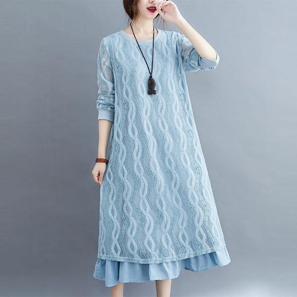 Plus Size Women Lace Long Dress New 2020 Autumn Vintage Solid Color Loose  Dresses - Omychic