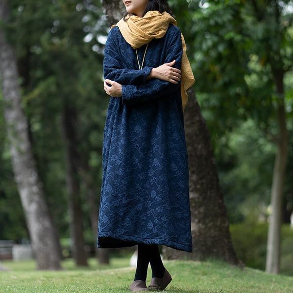 Loose Cotton Linen Jacquard Padded Dress  2020 Autumn Winter Dress - Omychic