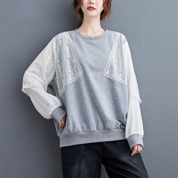 Oversized Women Casual Sweatshirt New Patchwork Lace Loose Female Pullovers Tops - Omychic