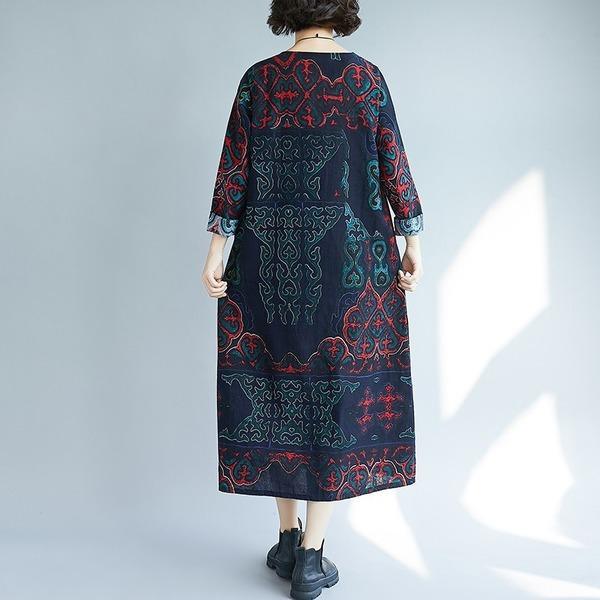 long sleeve cotton linen plus size vintage floral print women casual loose autumn dress elegant vestidos clothes 2019 dresses - Omychic