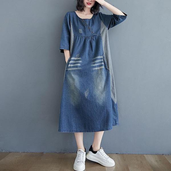 Vintage O-neck Patchwork Jeans Loose Female A-line Long Dress - Omychic