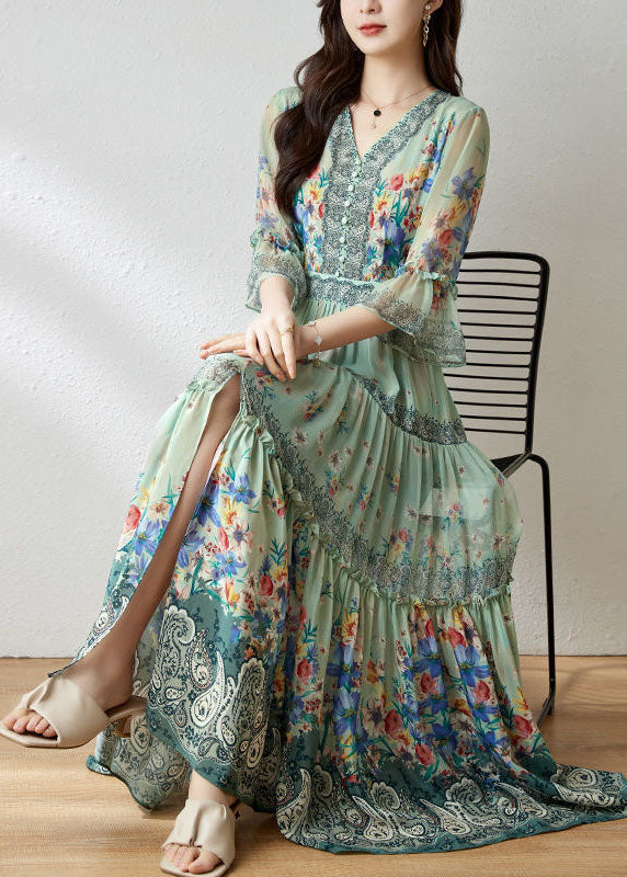 Art Light Green V Neck Ruffled Print Silk Long Dress Flare Sleeve