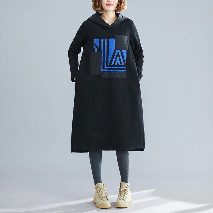 French Black Patchwork Print Long sleeve  Long Cotton Dress - Omychic